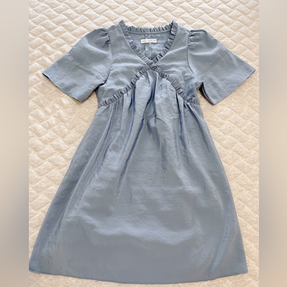 ZARA Blue Ruffle Trim Dress — Size 13-14Y (Fits Women’s XS-S), Puff Sleeve